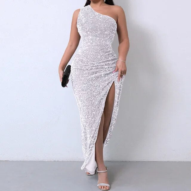 Tops Elegant Outfits Summer Dresses For Women 2023 Sequins One Shoulder Sleeveless Solid Color Dress Formal Occasion Dresses