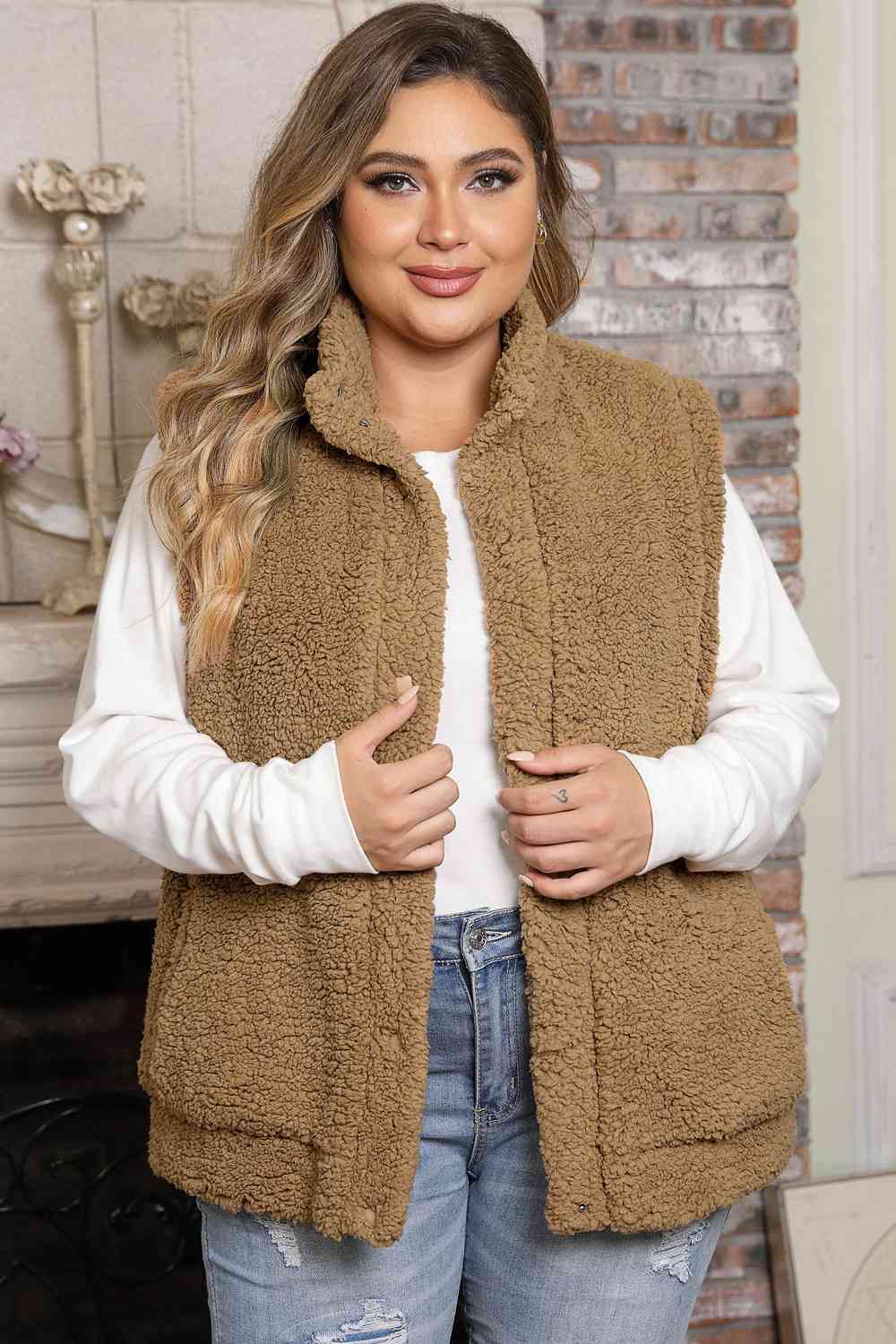 Plus Size Collared Neck Open Front Sweater Vest