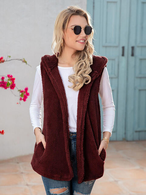 Full Size Sleeveless Hooded Vest with Pockets