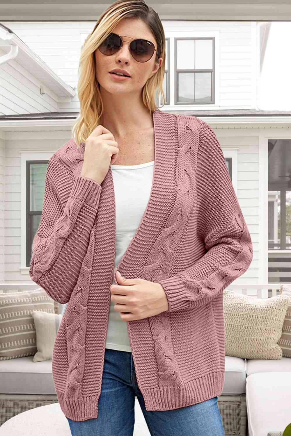Cable-Knit Open Front Long Sleeve Cardigan
