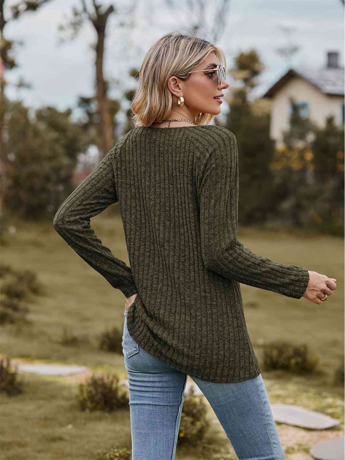 Full Size Ribbed Square Neck Long Sleeve T-Shirt