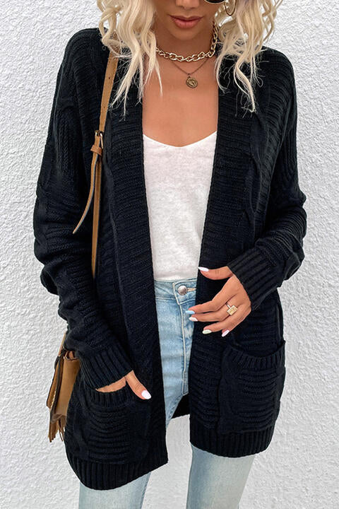 Cable-Knit Open Front Cardigan with Pockets