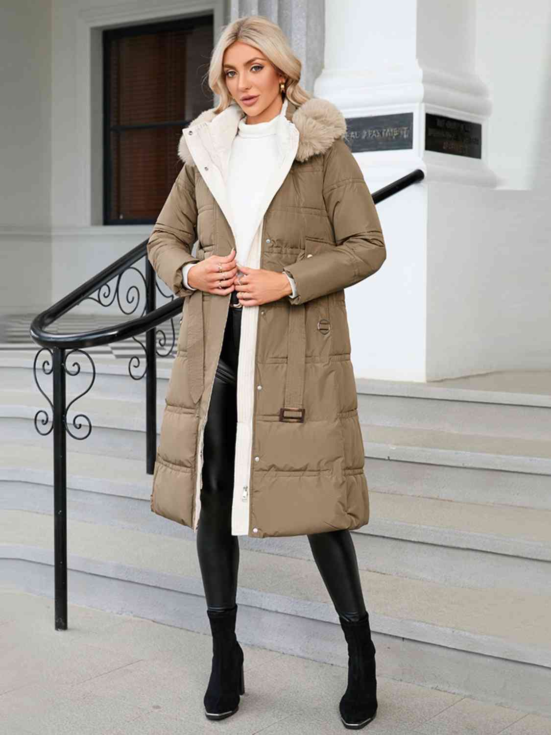 Longline Hooded Winter Coat with Pockets