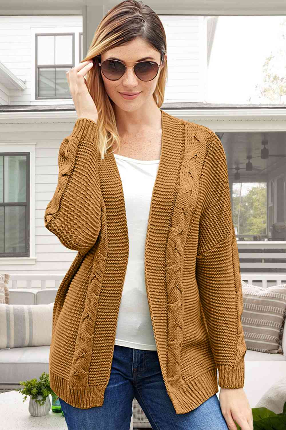 Cable-Knit Open Front Long Sleeve Cardigan